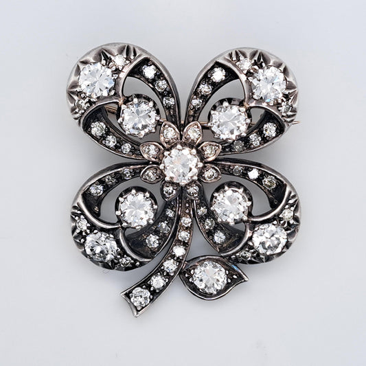 Antique 4ct Old Cut Diamond Lucky Four Leaf Clover Brooch