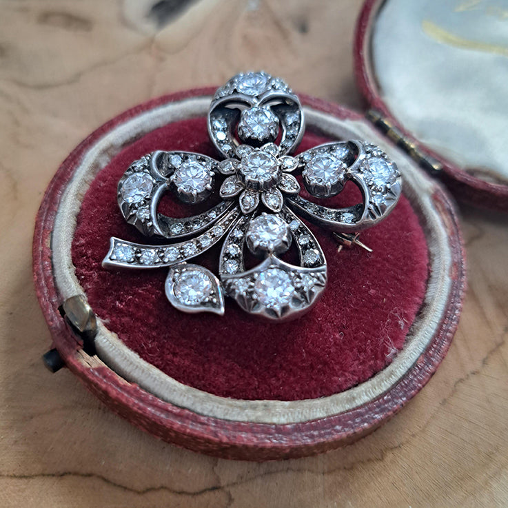 Antique 4ct Old Transitional Cut Diamond Lucky Four Leaf Clover Brooch