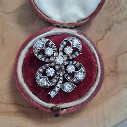 Antique 4ct Old Transitional Cut Diamond Lucky Four Leaf Clover Brooch