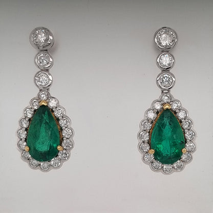 6.13ct Emerald and Diamond Pear Shaped Cluster Drop Earrings