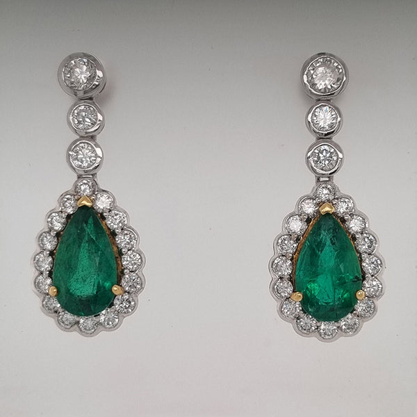 6.13ct Emerald and Diamond Pear Shaped Cluster Drop Earrings