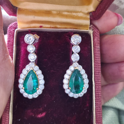 6.13ct Emerald and Diamond Pear Shaped Cluster Drop Earrings