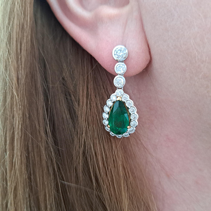 6.13ct Emerald and Diamond Pear Shaped Cluster Drop Earrings