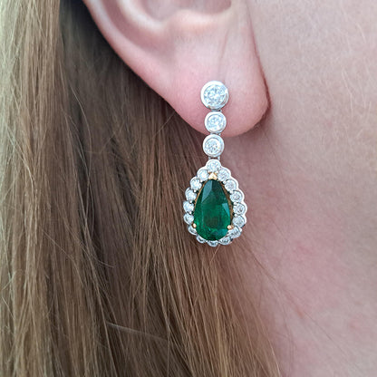 6.13ct Emerald and Diamond Pear Shaped Cluster Drop Earrings