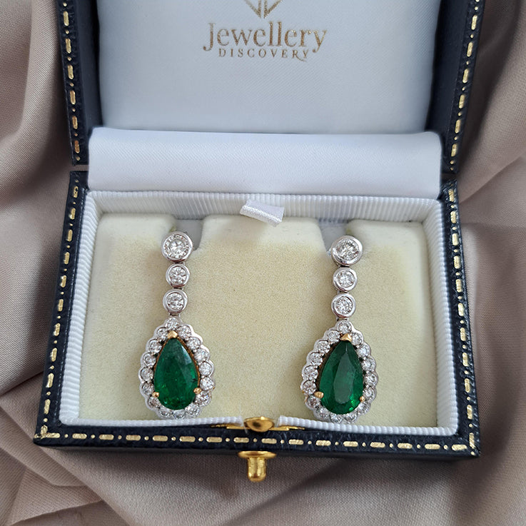 6.13ct Emerald and Diamond Pear Shaped Cluster Drop Earrings