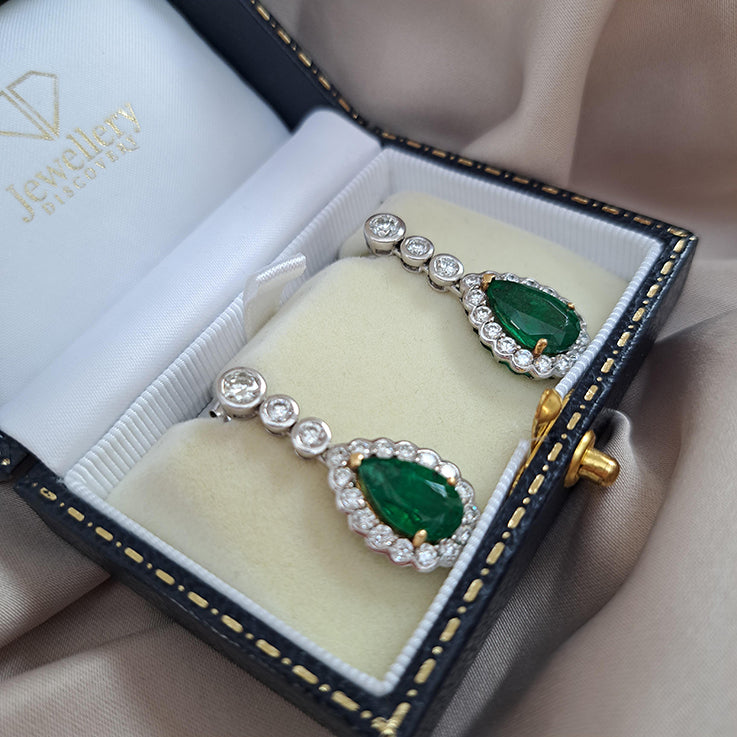 6.13ct Emerald and Diamond Pear Shaped Cluster Drop Earrings