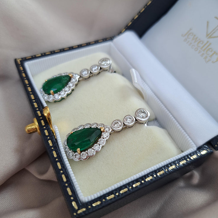 6.13ct Emerald and Diamond Pear Shaped Cluster Drop Earrings