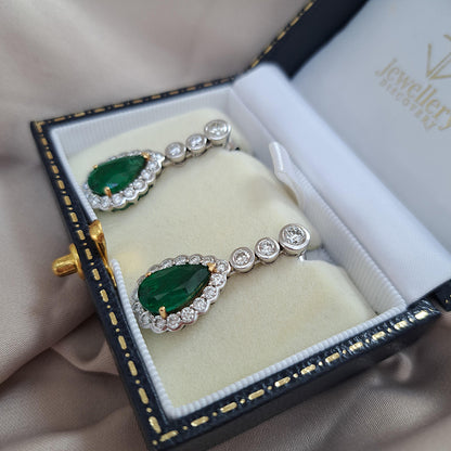 6.13ct Emerald and Diamond Pear Shaped Cluster Drop Earrings