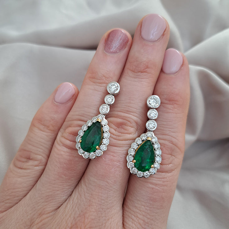 Pear Cut Emerald and Diamond Cluster Drop Earrings