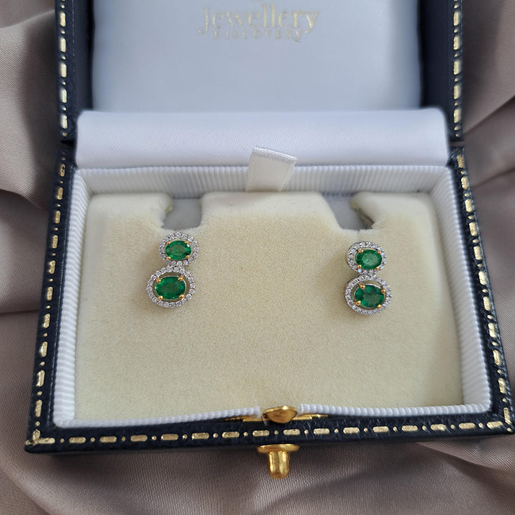 Emerald and Diamond Double Cluster Drop Stud Earrings