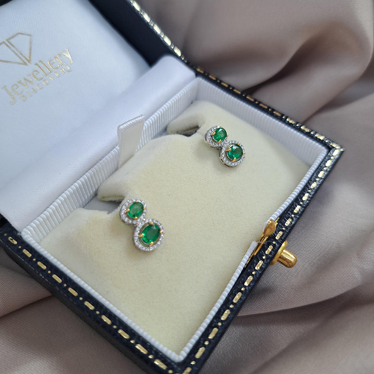 Emerald and Diamond Double Cluster Drop Stud Earrings