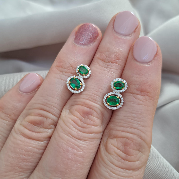 Emerald and Diamond Double Cluster Drop Stud Earrings