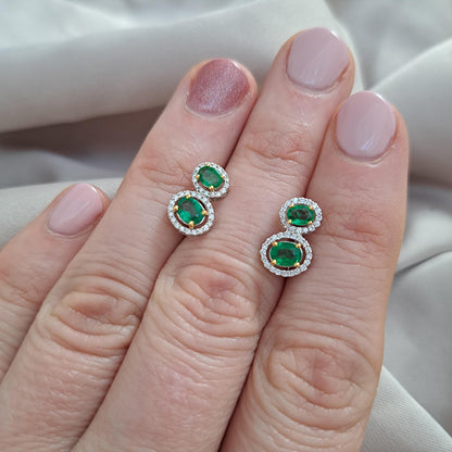 Emerald and Diamond Double Cluster Drop Stud Earrings