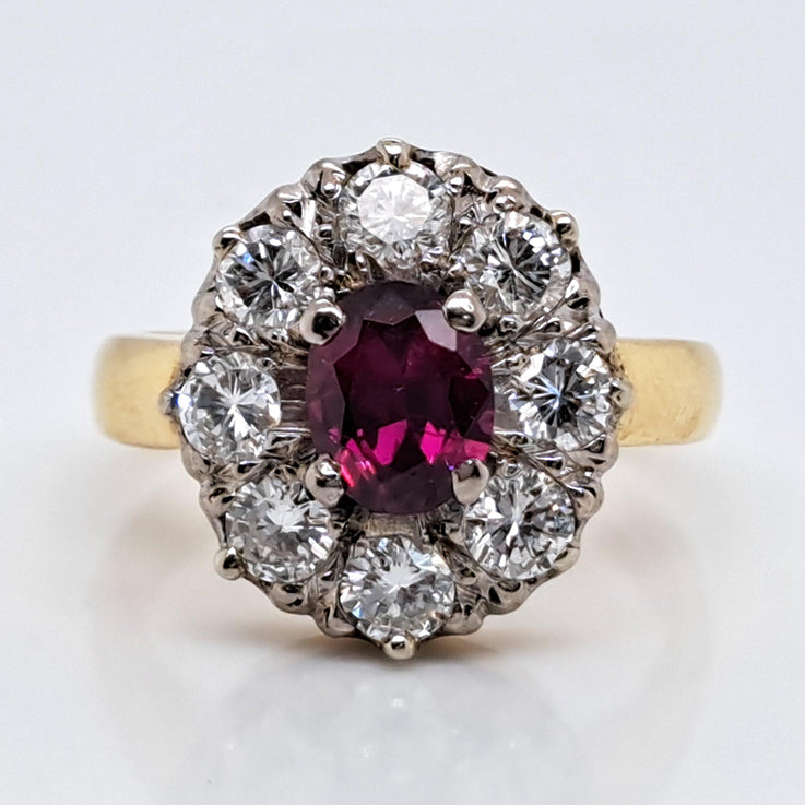Vintage 1ct Ruby and Old Cut Diamond Cluster Ring
