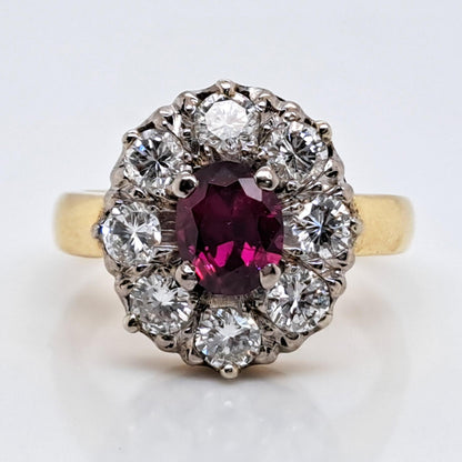 Vintage 1ct Ruby and Old Cut Diamond Cluster Ring