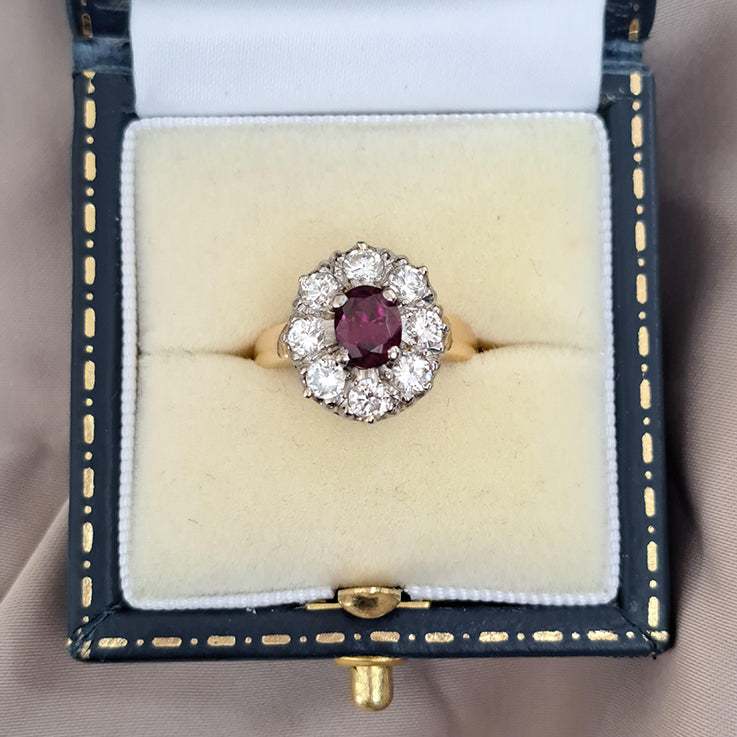 Vintage 1ct Ruby and Old Cut Diamond Cluster Ring