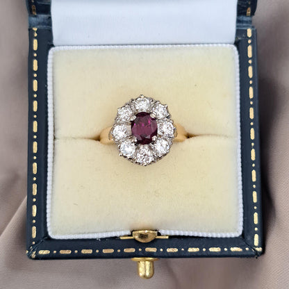 Vintage 1ct Ruby and Old Cut Diamond Cluster Ring