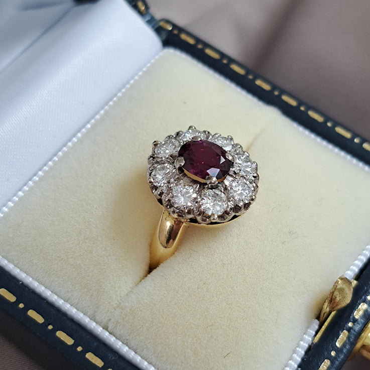 Vintage 1ct Ruby and Old Cut Diamond Cluster Ring