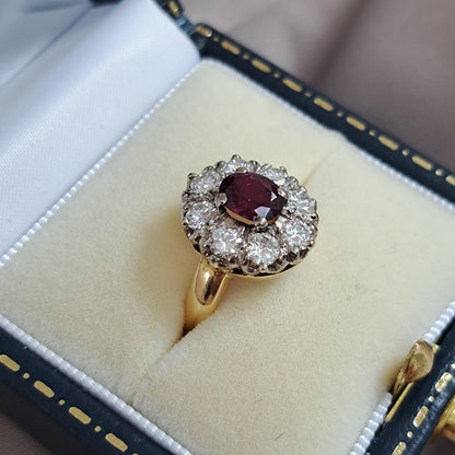 Vintage 1ct Ruby and Old Cut Diamond Cluster Ring