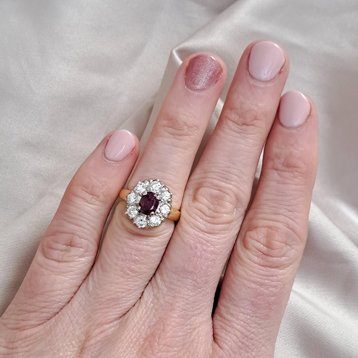 Vintage 1ct Ruby and Old Cut Diamond Cluster Ring