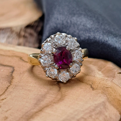 Vintage 1ct Ruby and Old Cut Diamond Cluster Ring
