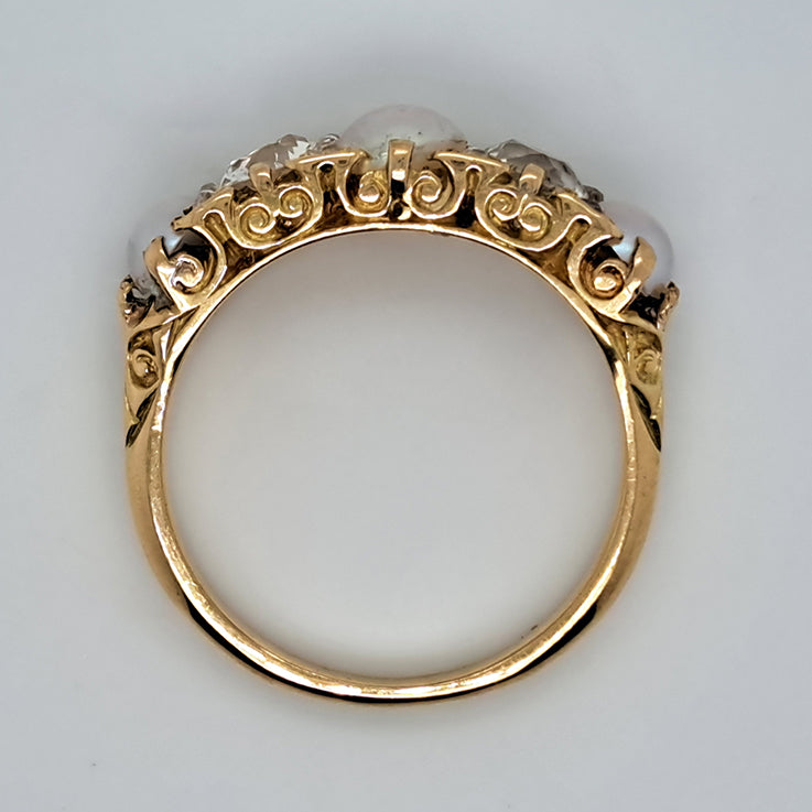 Antique 1.20ct Old Mine Cut Diamond and Pearl Five Stone Ring