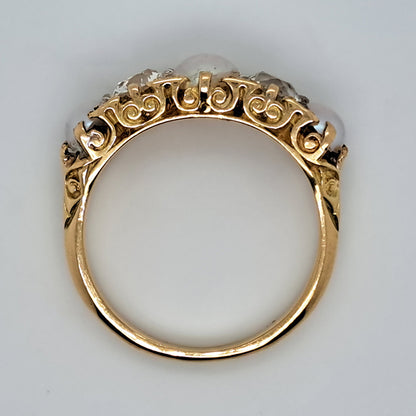 Antique 1.20ct Old Mine Cut Diamond and Pearl Five Stone Ring