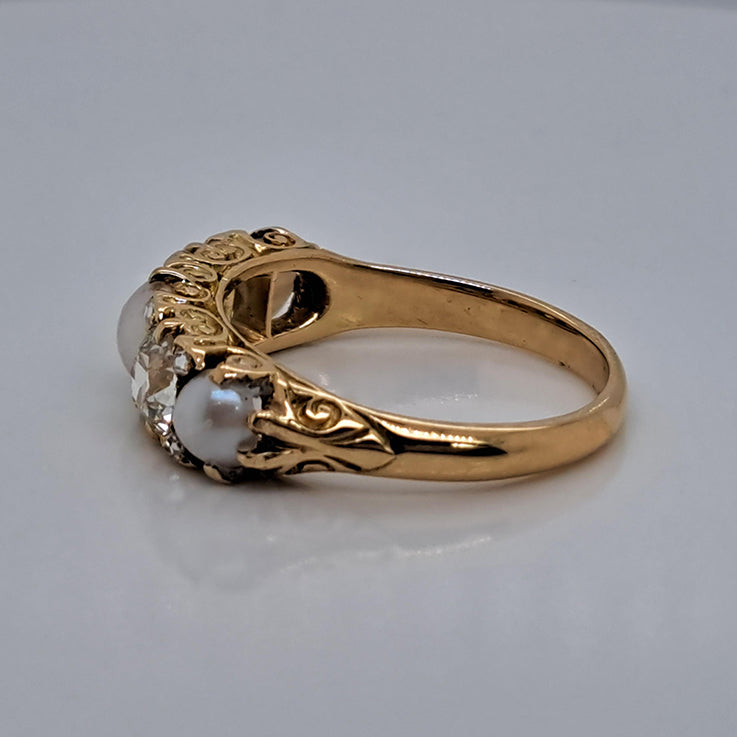 Antique 1.20ct Old Mine Cut Diamond and Pearl Five Stone Ring