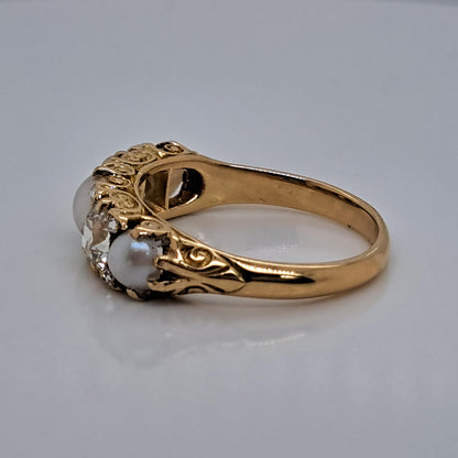 Antique 1.20ct Old Mine Cut Diamond and Pearl Five Stone Ring