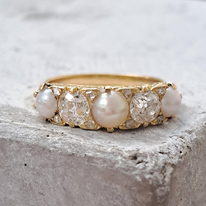 Antique 1.20ct Old Mine Cut Diamond and Pearl Five Stone Ring