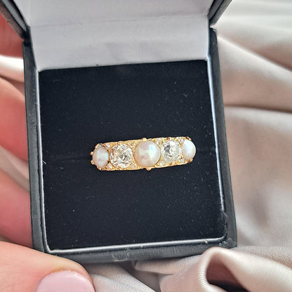 Antique 1.20ct Old Mine Cut Diamond and Pearl Five Stone Ring