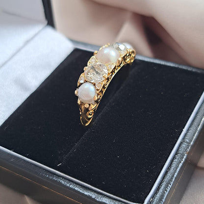 Antique 1.20ct Old Mine Cut Diamond and Pearl Five Stone Ring