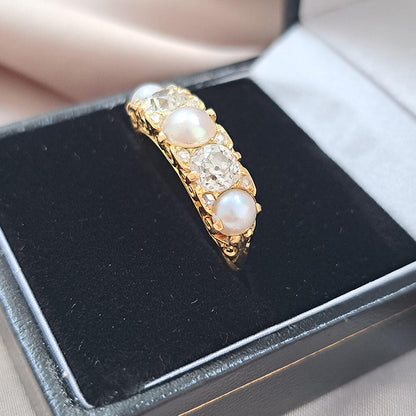 Antique 1.20ct Old Mine Cut Diamond and Pearl Five Stone Ring
