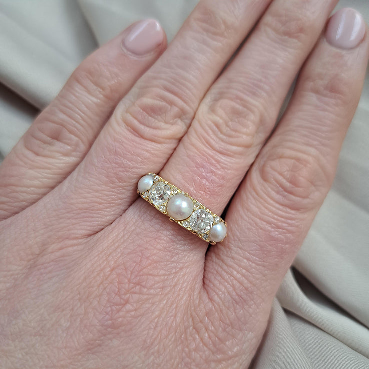 Antique 1.20ct Old Mine Cut Diamond and Pearl Five Stone Ring
