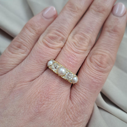 Antique 1.20ct Old Mine Cut Diamond and Pearl Five Stone Ring