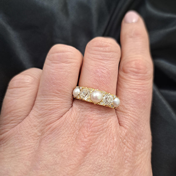 Antique 1.20ct Old Mine Cut Diamond and Pearl Five Stone Ring