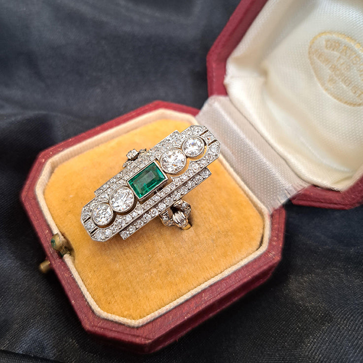 Art Deco Emerald and Diamond Plaque Ring, 3.50 carats