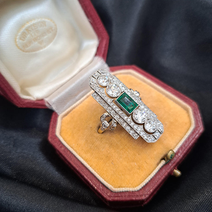 Art Deco Emerald and Diamond Plaque Ring, 3.50 carats