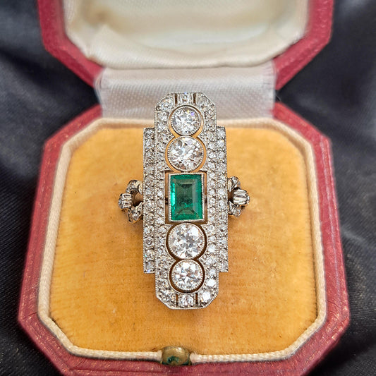 Art Deco Emerald and Diamond Plaque Ring, 3.50 carats