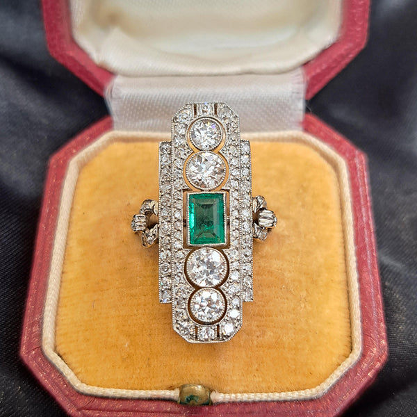 Art Deco Emerald and Diamond Plaque Ring, 3.50 carats