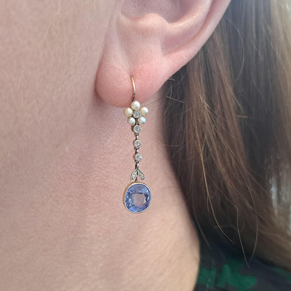 Edwardian Belle Epoque Antique Cornflower Ceylon Sapphire Natural Pearl and Diamond Drop Earrings in Platinum