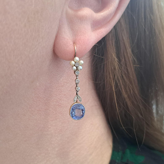 Edwardian Belle Epoque Antique Cornflower Ceylon Sapphire Natural Pearl and Diamond Drop Earrings in Platinum