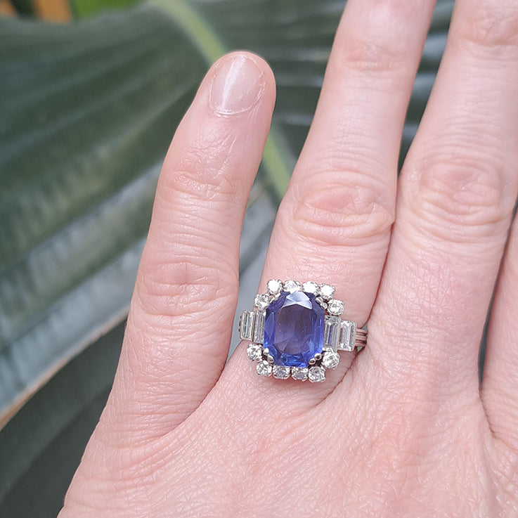 Vintage 3ct Natural Ceylon Sapphire and Diamond Cluster Engagement Ring in Platinum Circa 1940