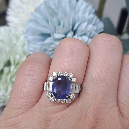 Vintage 3ct Natural Ceylon Sapphire and Diamond Cluster Engagement Ring in Platinum Circa 1940