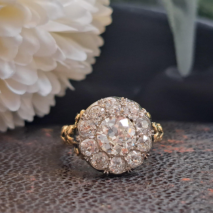 Antique 3ct Old Mine Cut Diamond Cluster Engagement Ring