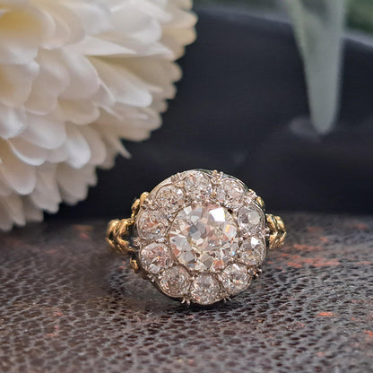Antique 3ct Old Mine Cut Diamond Cluster Engagement Ring