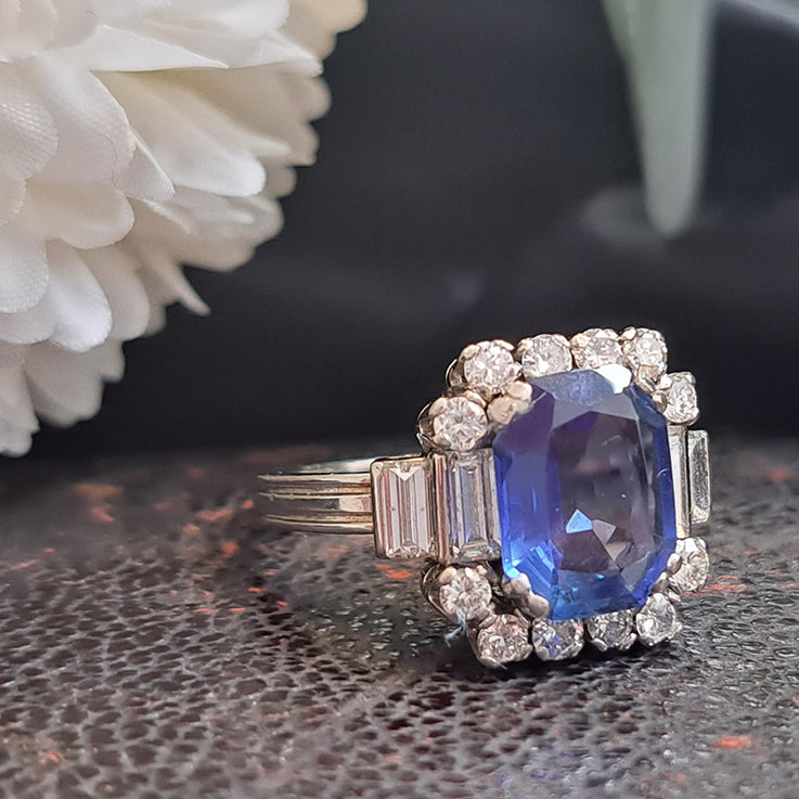 Vintage 3ct Natural Ceylon Sapphire and Diamond Cluster Engagement Ring in Platinum Circa 1940