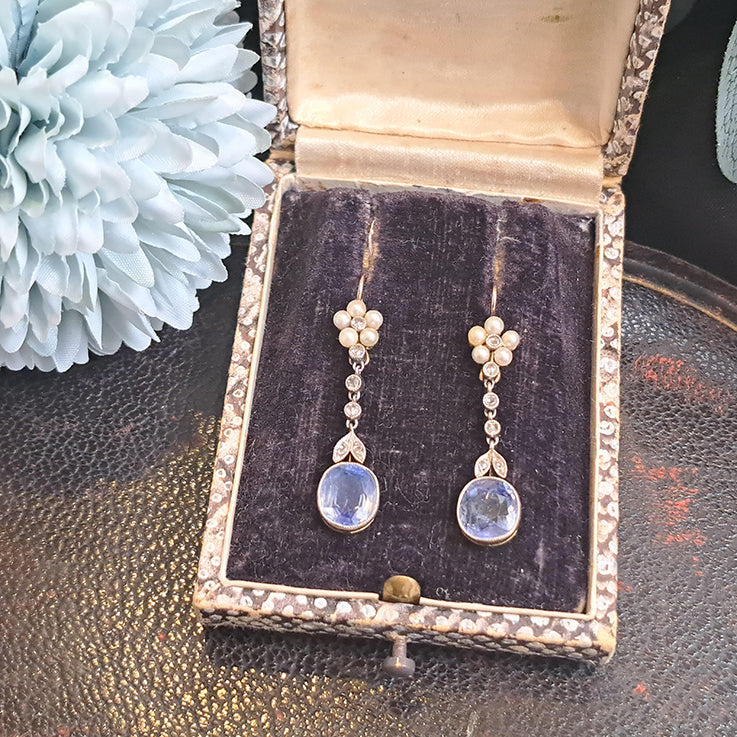 Edwardian Belle Epoque Antique Cornflower Ceylon Sapphire Natural Pearl and Diamond Drop Earrings in Platinum