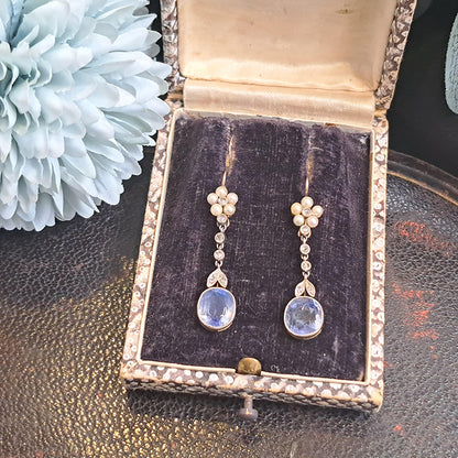 Edwardian Belle Epoque Antique Cornflower Ceylon Sapphire Natural Pearl and Diamond Drop Earrings in Platinum