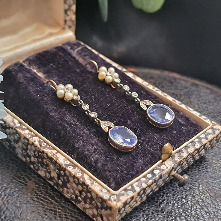 Edwardian Belle Epoque Antique Cornflower Ceylon Sapphire Natural Pearl and Diamond Drop Earrings in Platinum